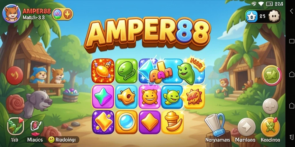 Tampilan gameplay AMPER88 dengan berbagai item yang mencolok.