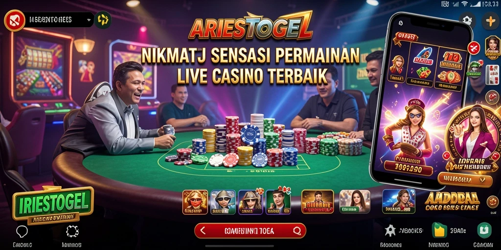 Screenshot ARIESTOGEL menampilkan dealer langsung dan suasana permainan yang menggembirakan.