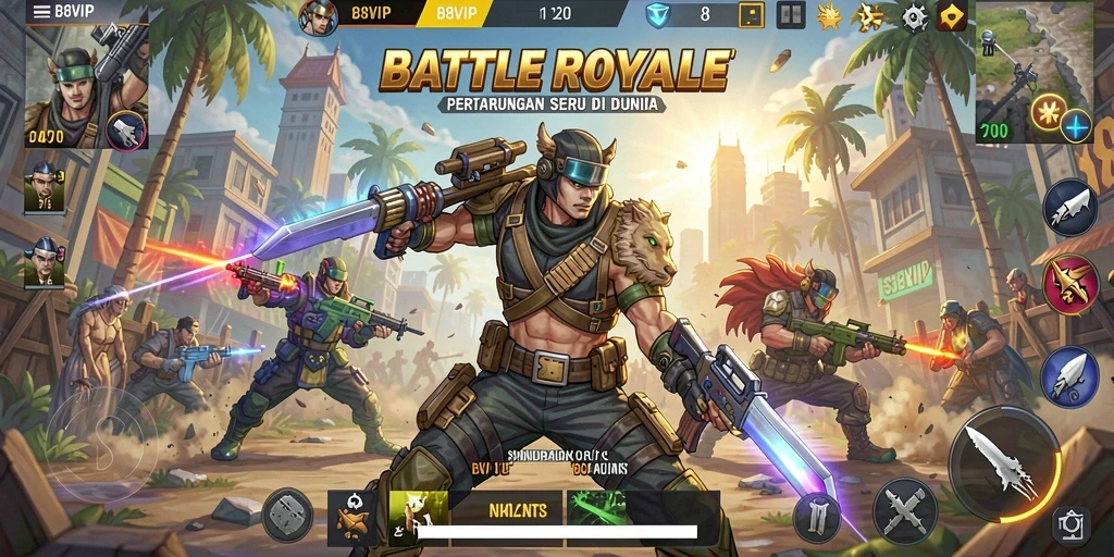 Gameplay B8VIP yang seru dan penuh aksi dalam pertempuran Battle Royale.
