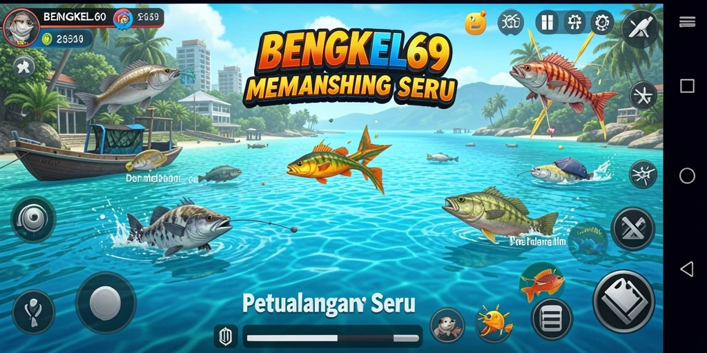 Tampilan gameplay BENGKEL69 yang menarik dengan berbagai ikan di lautan.