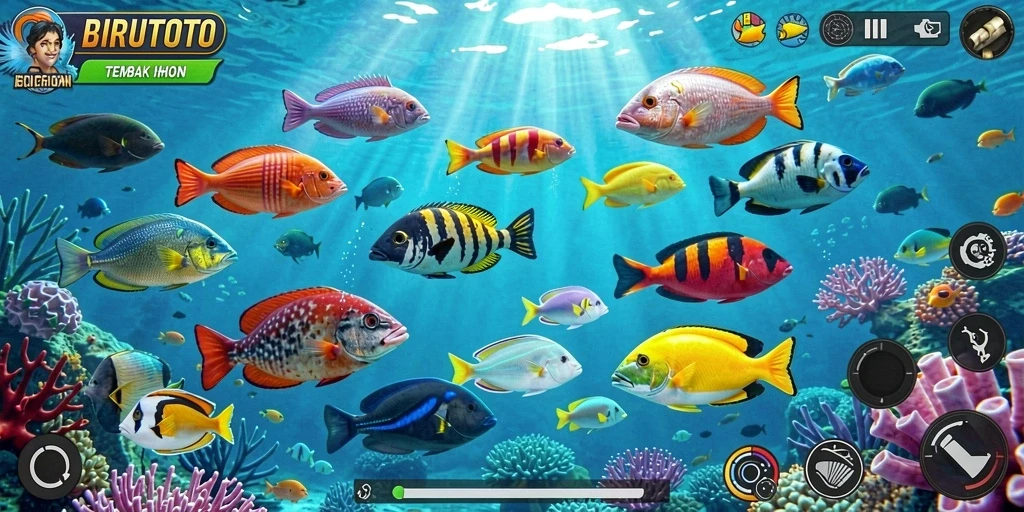 Screenshot BIRUTOTO menunjukkan gameplay menangkap ikan yang dinamis.