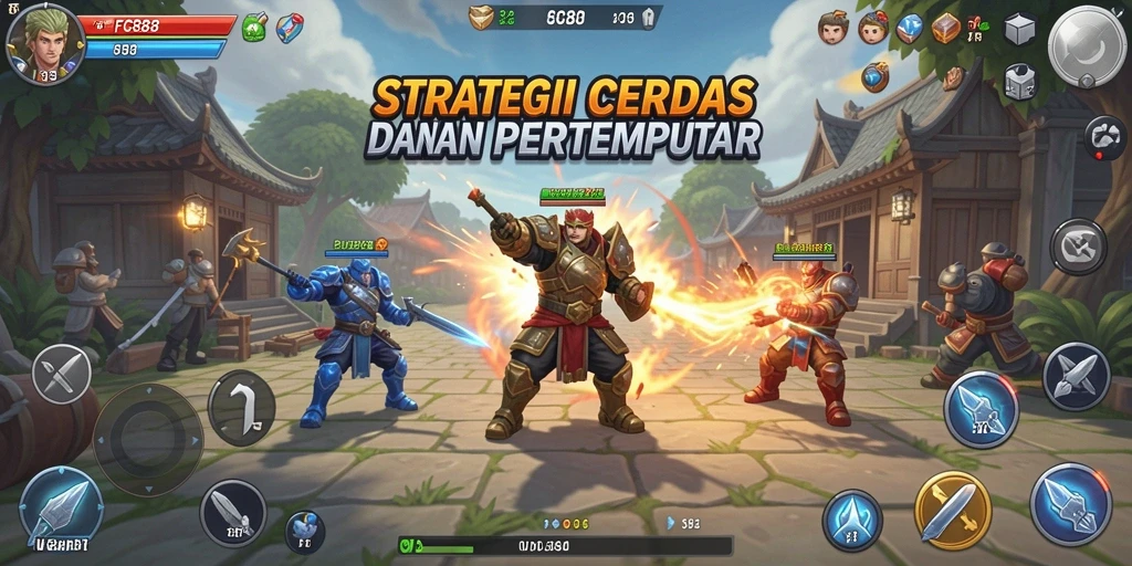Screenshot gameplay <strong>FC888</strong> yang menampilkan pertempuran strategis dan unit yang beragam.