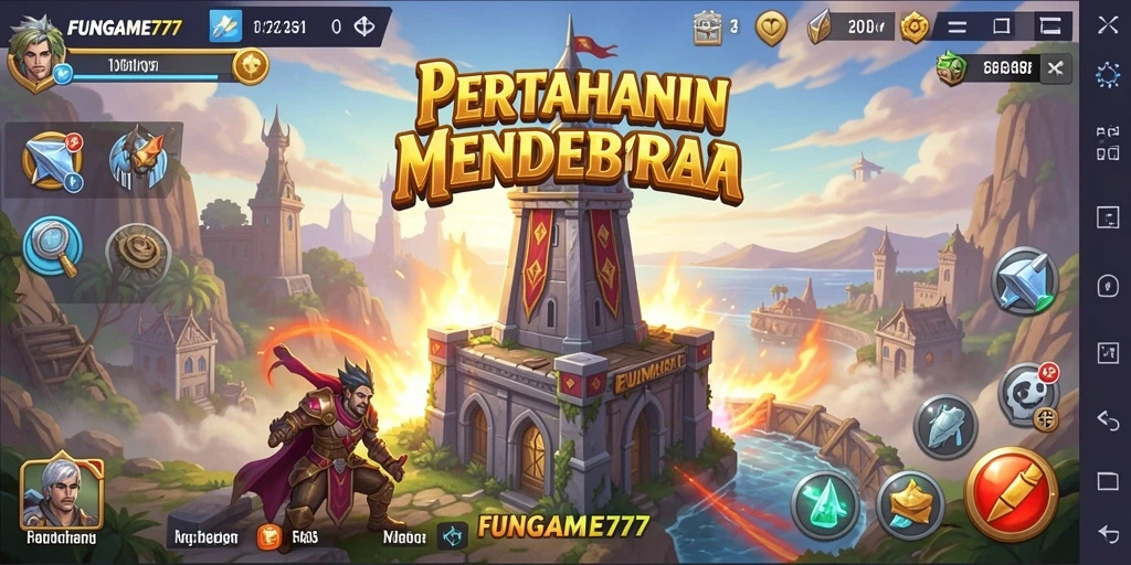 Tangkapan layar gameplay FUNGAME777 menunjukkan menara yang siap melindungi markas dari serangan musuh.