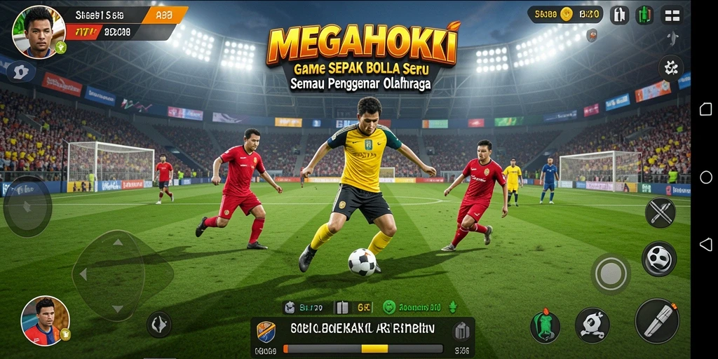 Tampilan gameplay MEGAHOKI dengan aksi sepak bola yang mendebarkan.