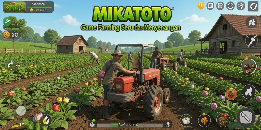 Tampilan gameplay MIKATOTO yang menampilkan kebun yang subur dan interaksi seru.